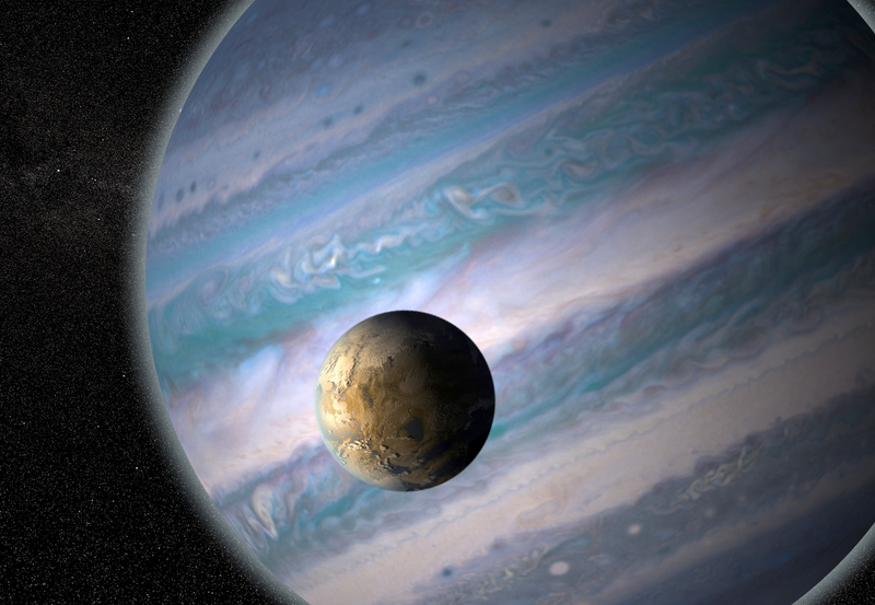 Artistās depiction of a habitable exomoon orbiting a giant exoplanet in a hypothetical star system.